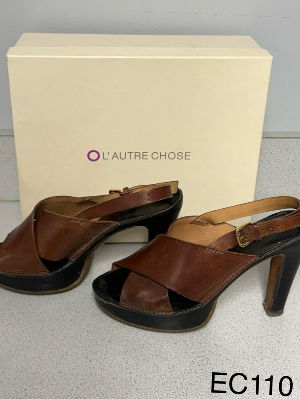 L’Autre Chose Brown Leather Platform Slingback Sandals EU 39.5 US 9.5